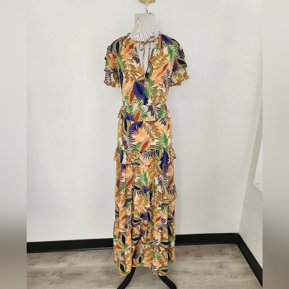 Glamorous Multicolor Floral Dress Leaf Print Open Back Maxi Dress Size 6 - Picture 4 of 10